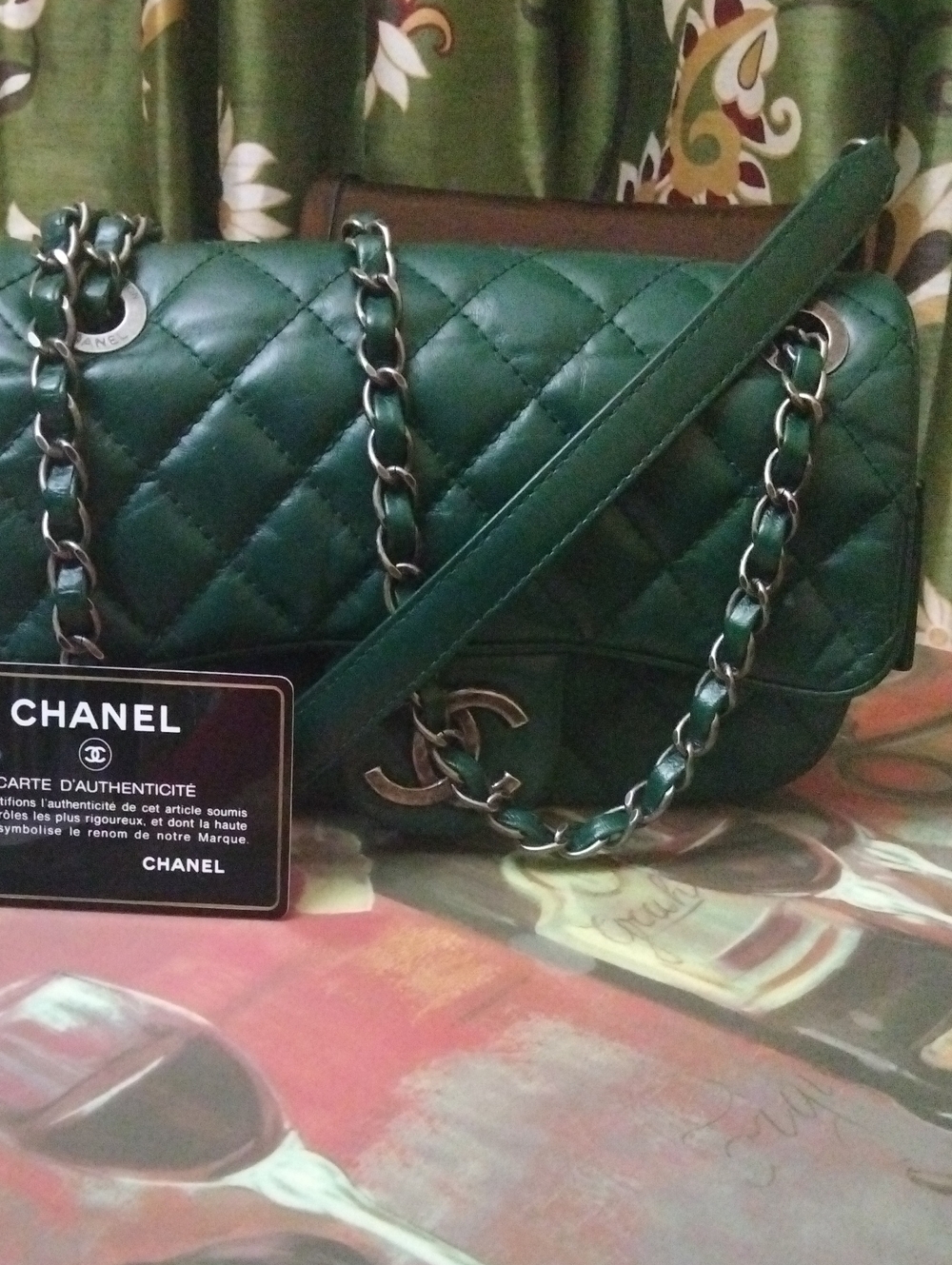 SMALL CHANEL Dark Green Quilted Leather Shoulder Bag with Chain Strap